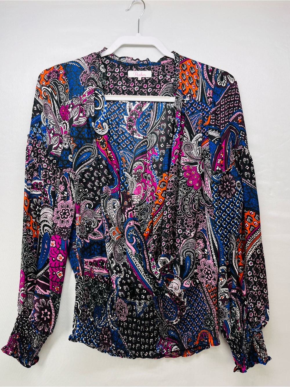 Parker Silk Black Paisley Print Top with Blue & Pink‎ Accents